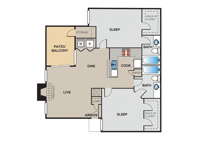 Floor plan for 2 beds, 2 baths, 995 sqft